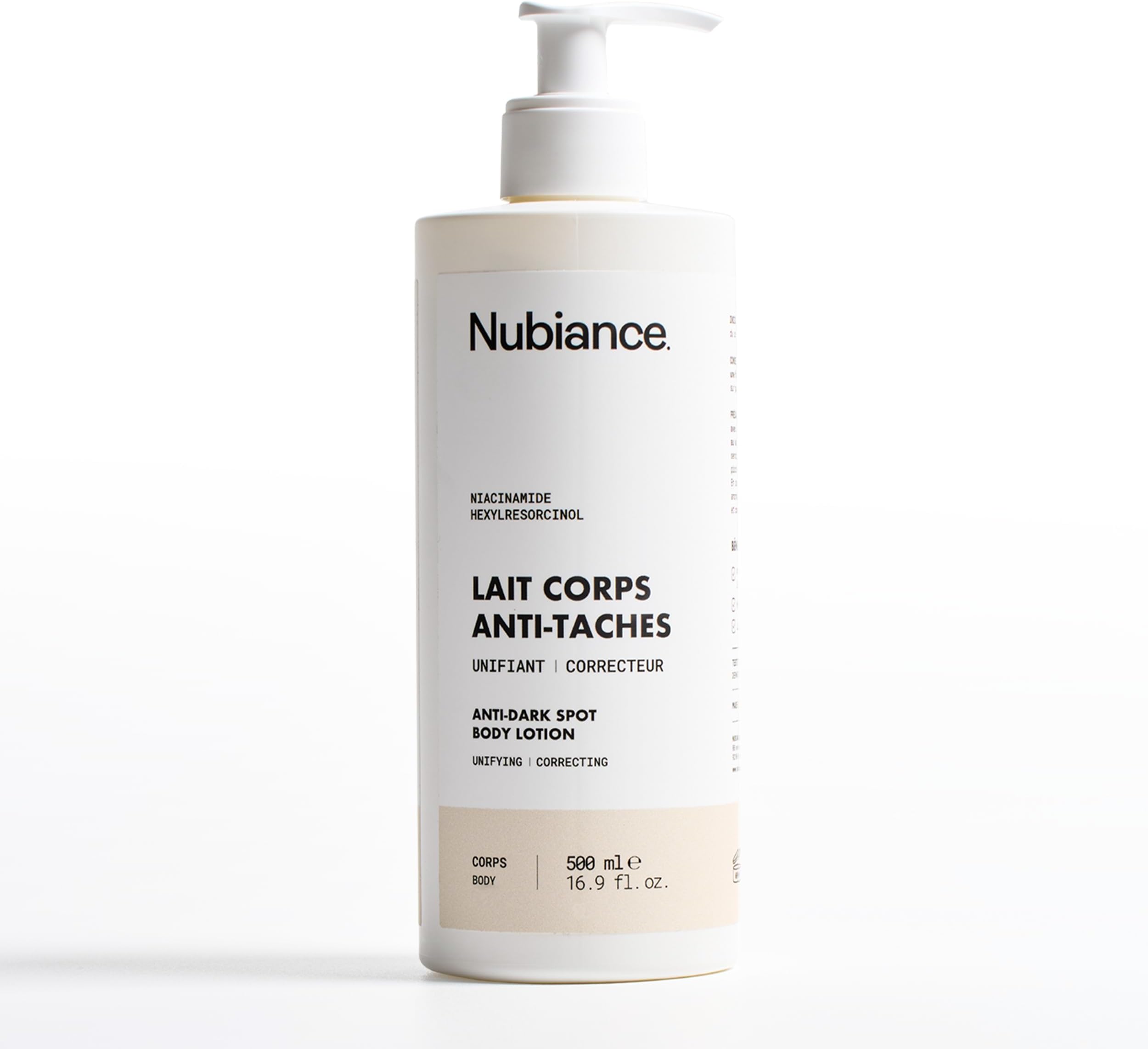 NUBIANCE - Lait Corps Unifiant & Hydratant HRB-3, 500ml - Soin protecteur et Anti-Tache d'hyperpigmentation - Peaux Sèches, Mixtes et Grasse - Peau Hydratée & Souple