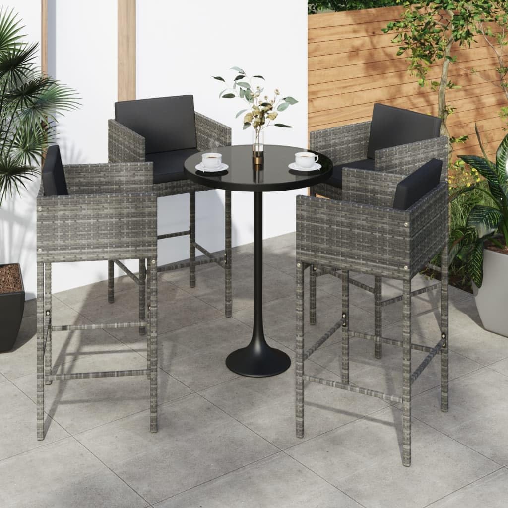 Grey Poly Rattan Bar Stool Set of 4, Outdoor Patio Dining Chairs with Cushions, Powder-Coated Steel Frame, 18.9x19.7x39.4 Inch, Weatherproof Garden Furniture Outdoor Accessories
