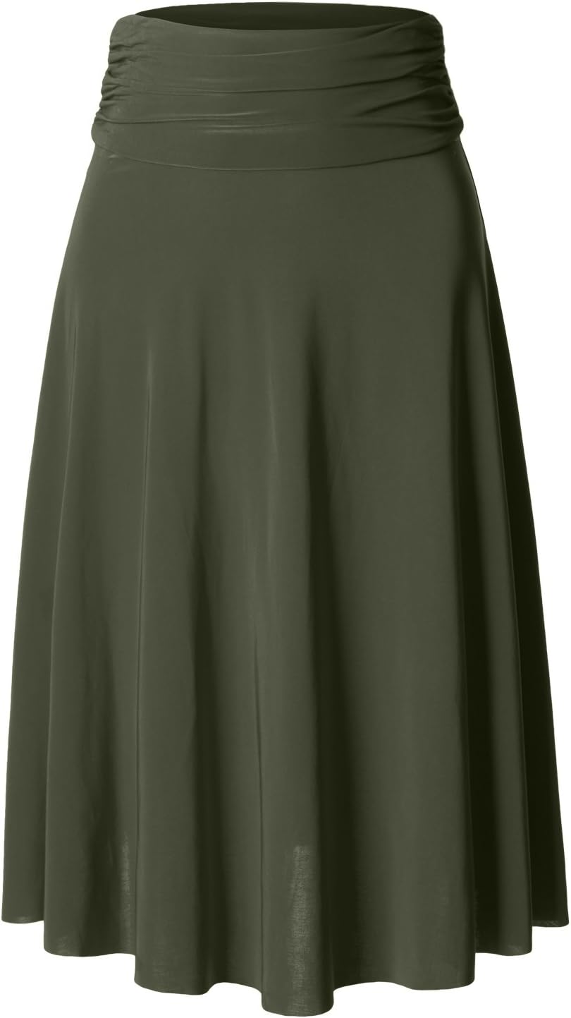 LE3NO Womens High Waisted Flared Knee Length Self Tie Belt A Line Midi Skirt