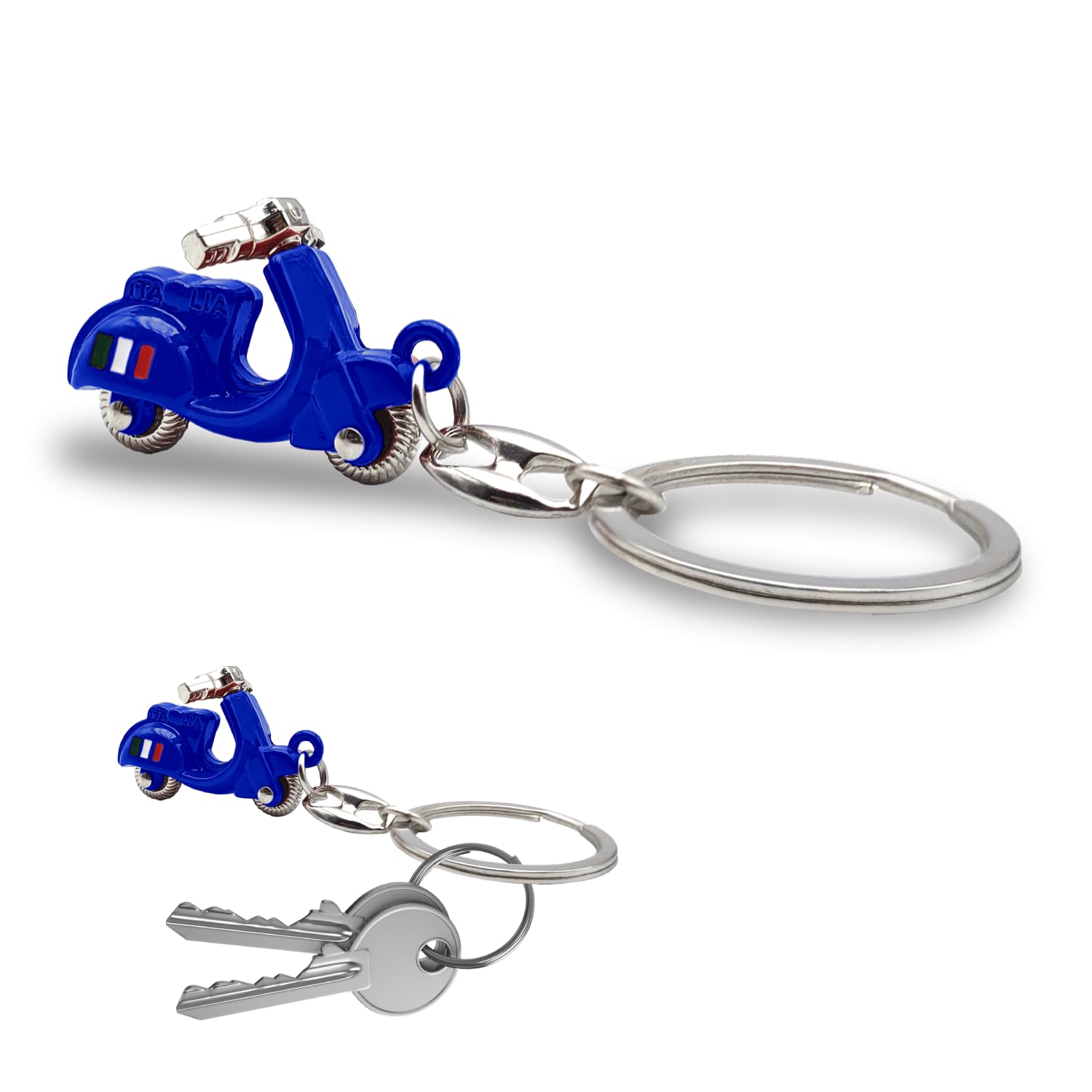 3D Italian Scooter Keyring - Realistic Design with Articulated Handlebar - Italian Flag on the Side - Durable Metal - Gift Idea for Men and Women - Accessories for Car, Motorcycle and Backpack, blue,