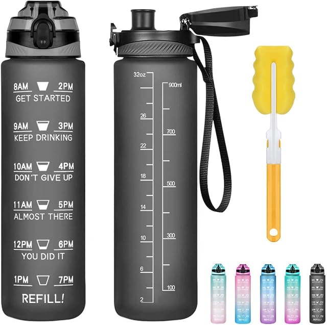 1 Litre Water Bottle, Sports Motivational Water Bottle with Time Markings, Leakproof BPA Free Reusable Gym Water Bottle, Drinking Bottles for Cycling Fitness Outdoor, 32oz (Gray)