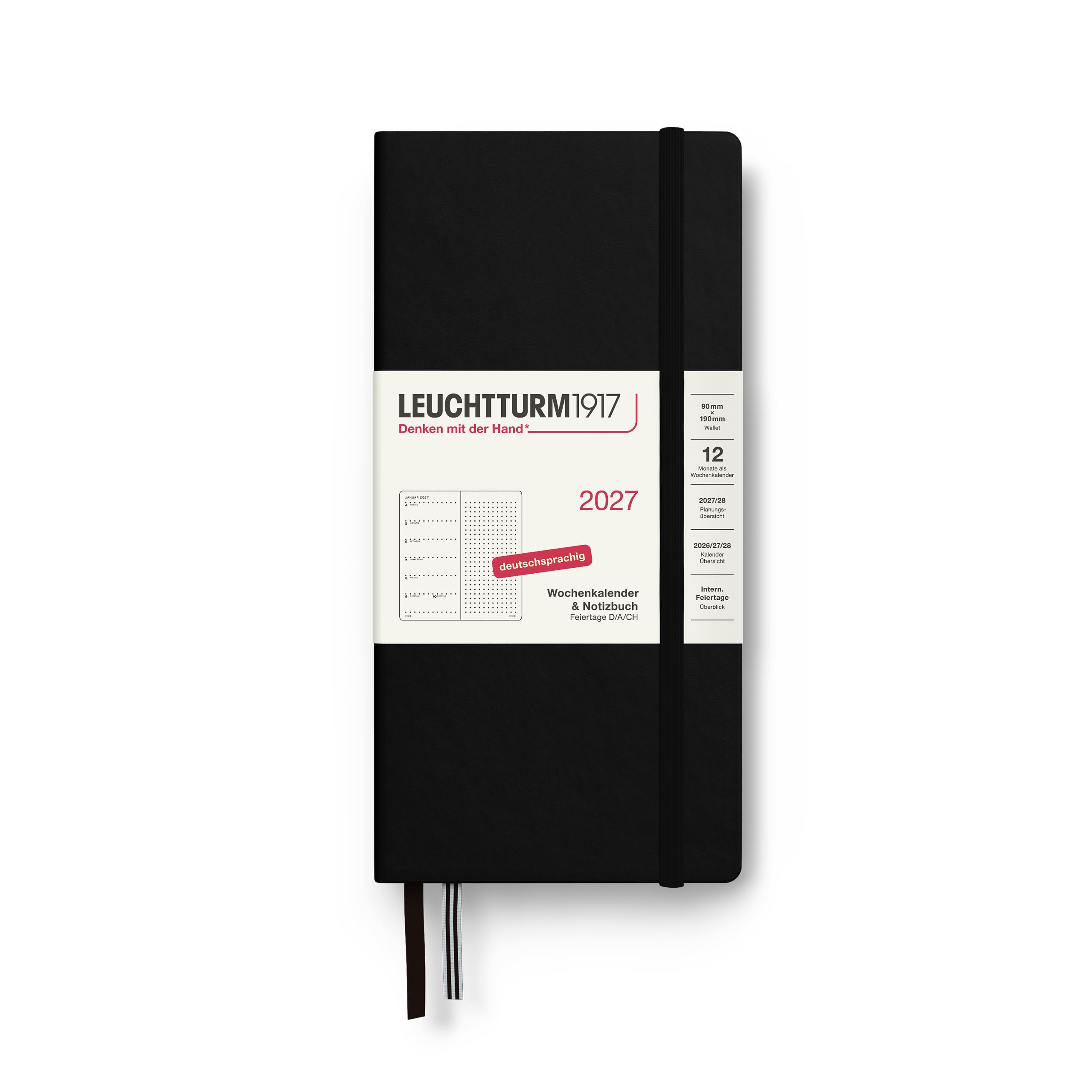 LEUCHTTURM1917 Weekly Calendar 2027 Dotted Wallet (B6+ x A6) with Notebook - Diary German, Black, January-December 2027, Week to View Left + Note Page Right โ image 1
