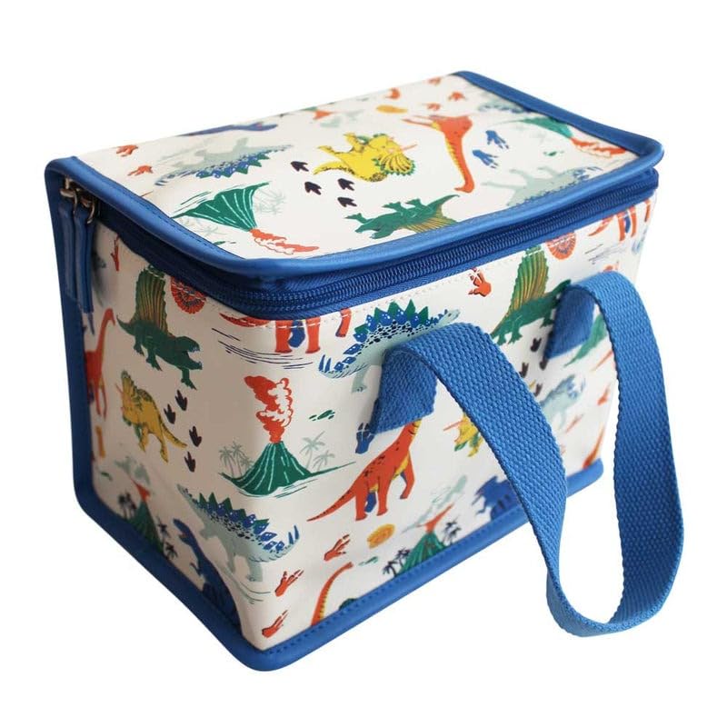 Powell Craft Boys Girls Kids Childs Unisex Colourful Dinosaur Print Foil Insulated Lunch Bag in Cream and Blue