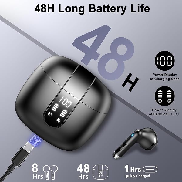 Bluetooth Headphones, In-Ear Headphones, Wireless Bluetooth 5.4 Headphones with 4 Mics, ENC Noise Cancelling Earbuds, 48H Deep Bass, IP7 Waterproof Earphones, LED Display, USB-C - 4