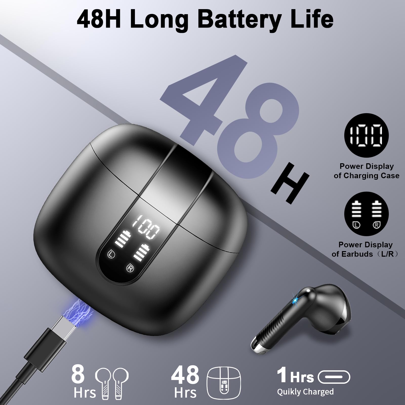 Bluetooth Headphones, In-Ear Headphones, Wireless Bluetooth 5.4 Headphones with 4 Mics, ENC Noise Cancelling Earbuds, 48H Deep Bass, IP7 Waterproof Earphones, LED Display, USB-C - 4
