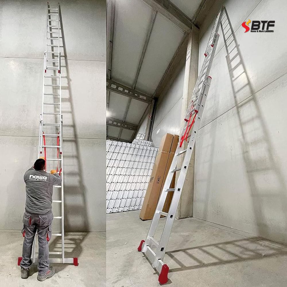 BTF Escalera Triple de Aluminio Profesional 3 Tramos de 13 Peldaños (3x13), Escalera Transformable y Extensible hasta 8,9m, Perfil 80x25mm Antifleche, Barra Estabilizadora, Norma EN131. BTF-ETTE8040