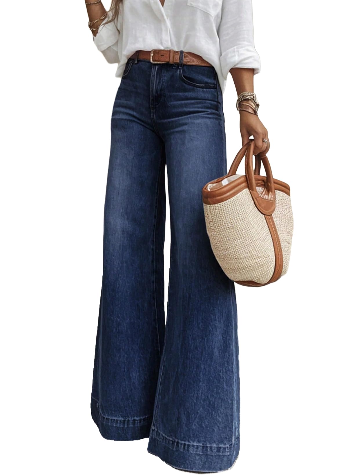 Flare Jeans for Women Wide Leg High Waisted Strechy Loose Casual Denim Pants with Pockets