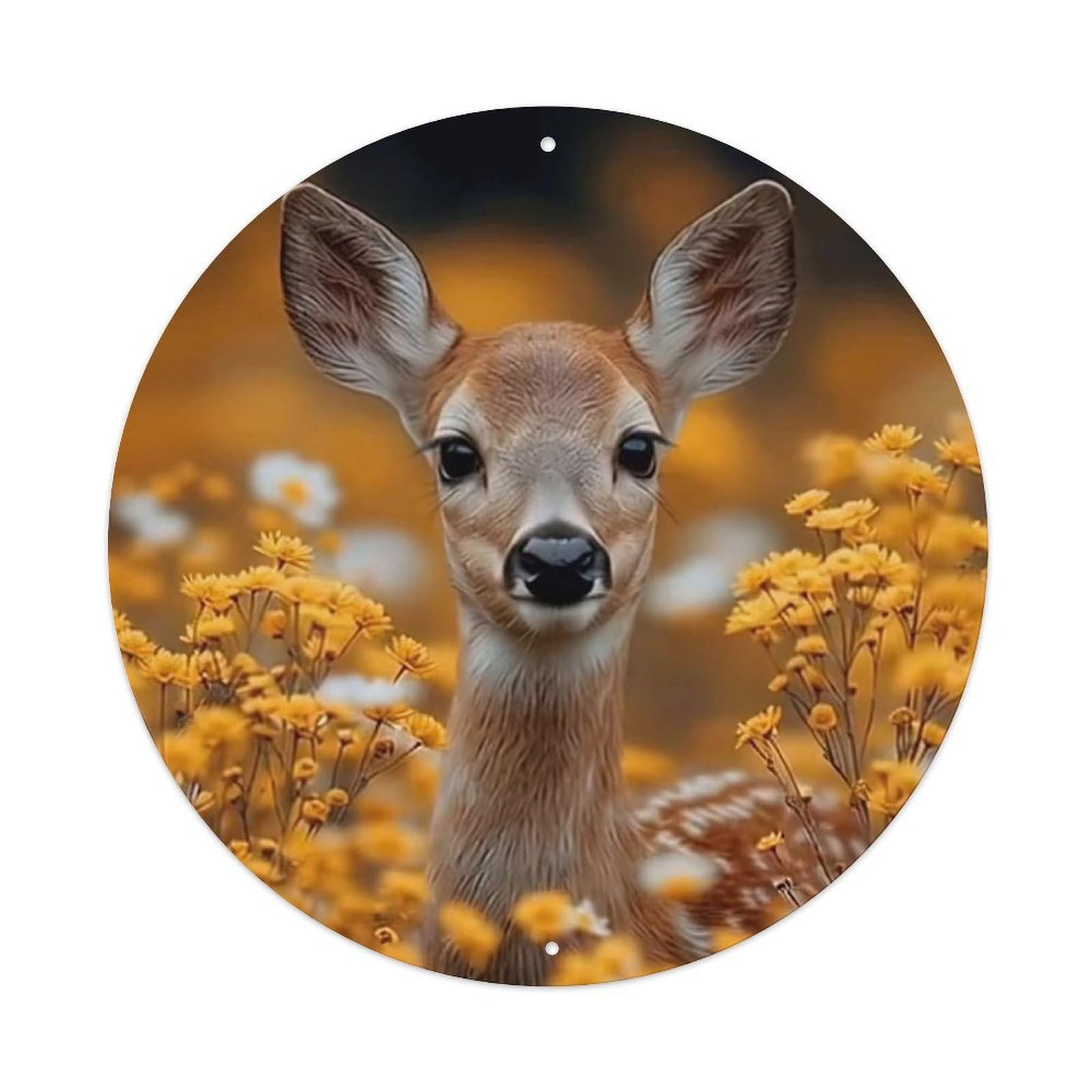 Fawn Wildlife Photography Yellow Flowers Nature Scene Vintage Metal Tin Sign Plaque Wall Decor for Cafe, Club Bar, Office, Garden Metal Poster 8x8Inch