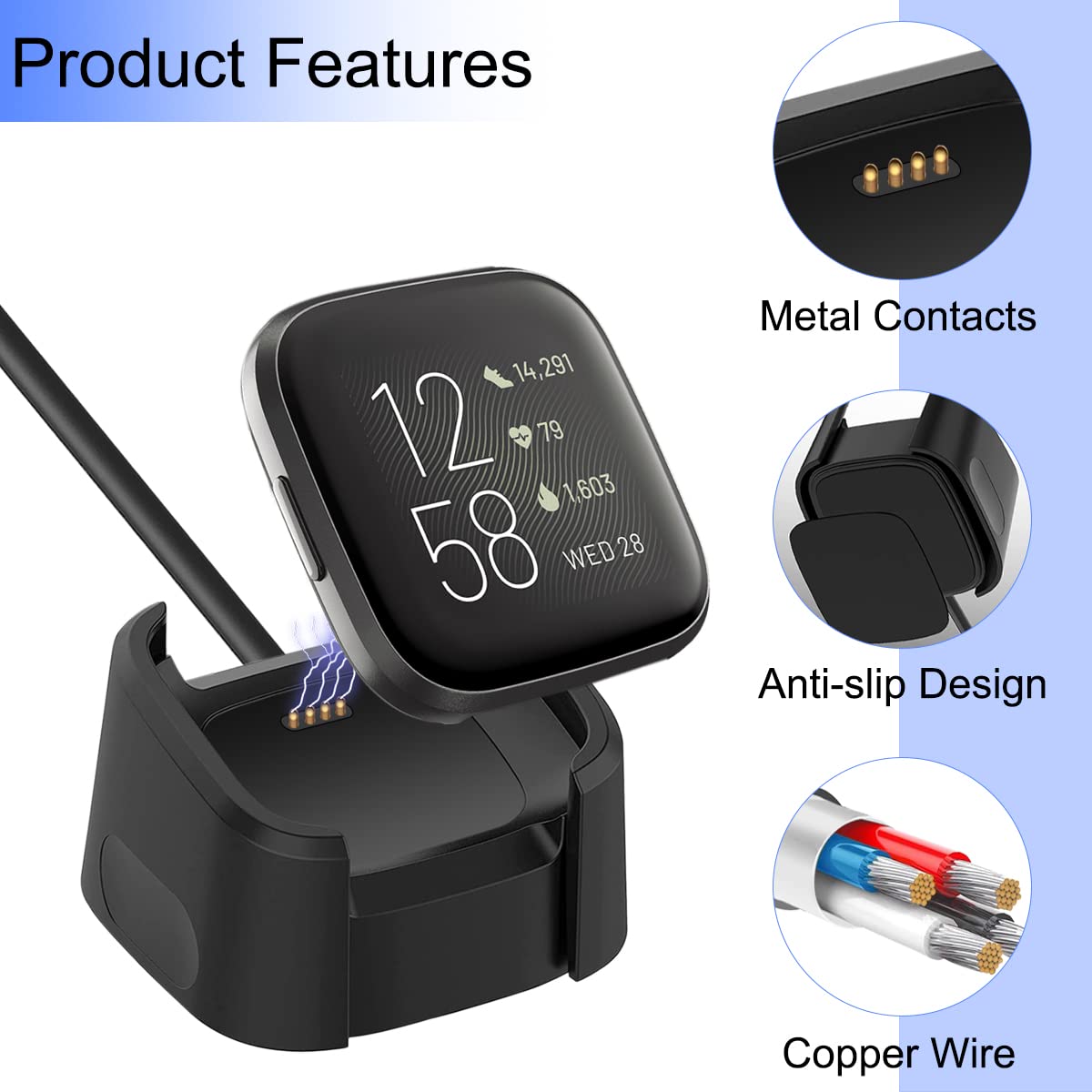 AK Ladestation Für Fitbit Versa 2 - Ladehalterung Mit 125 Cm Kabel & Geneigtem Display (NICHT Für Versa 1/Lite/SE)