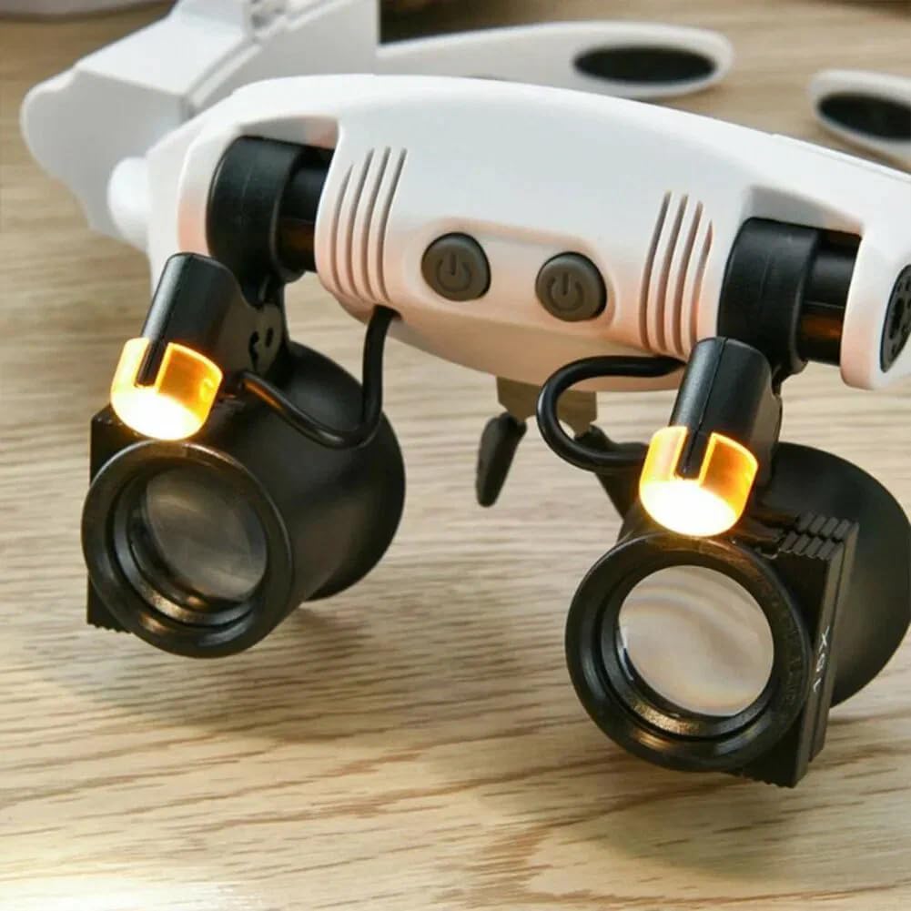 CEWROM Okulary z lupą z 2 diodami LED, maks. 10-krotne powiększenie, lupa czołowa, lupa z oświetleniem LED, lupa do montażu na głowie z 12 soczewkami do prac bliskich, czytania, majsterkowania, sztuki