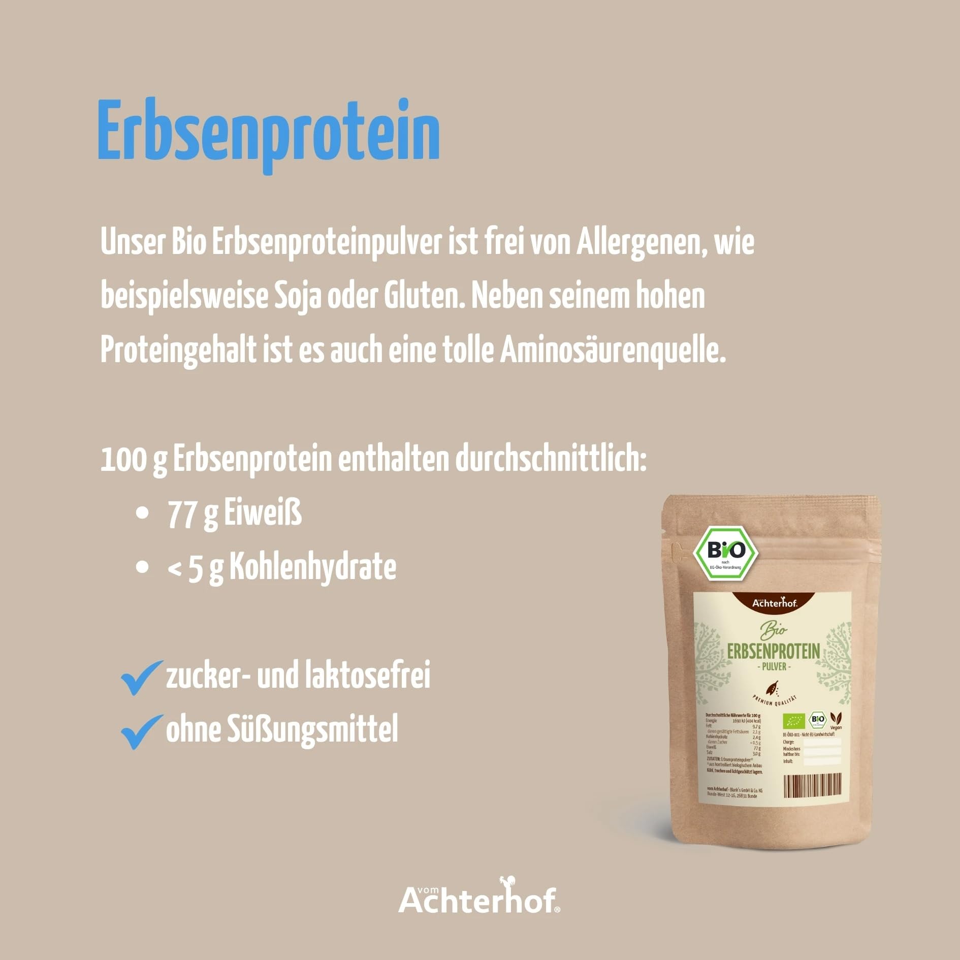 Erbsenprotein Bio | 1 KG | 80% Proteinanteil | Veganes Proteinpulver | direkt vom Achterhof