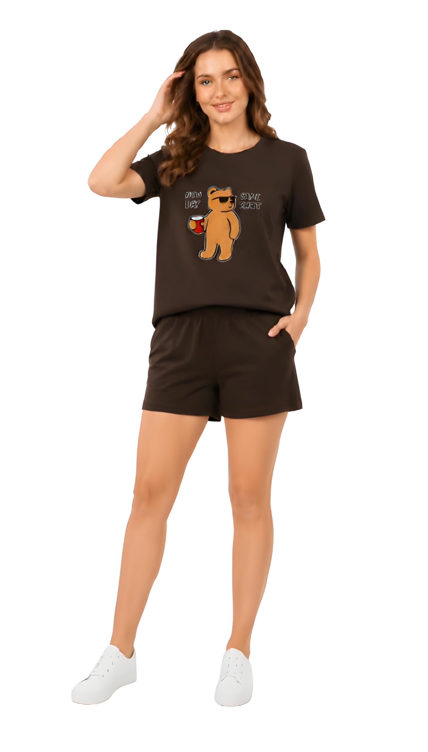 elvia Women's Cotton Printed Night Suit Set | Oversized Half Sleeve T-Shirt & Shorts Co-Ord Set | Soft Breathable |Casual Graphic Bear Print Pajama Set |, Lounge Wear & Home Wear-picture-14