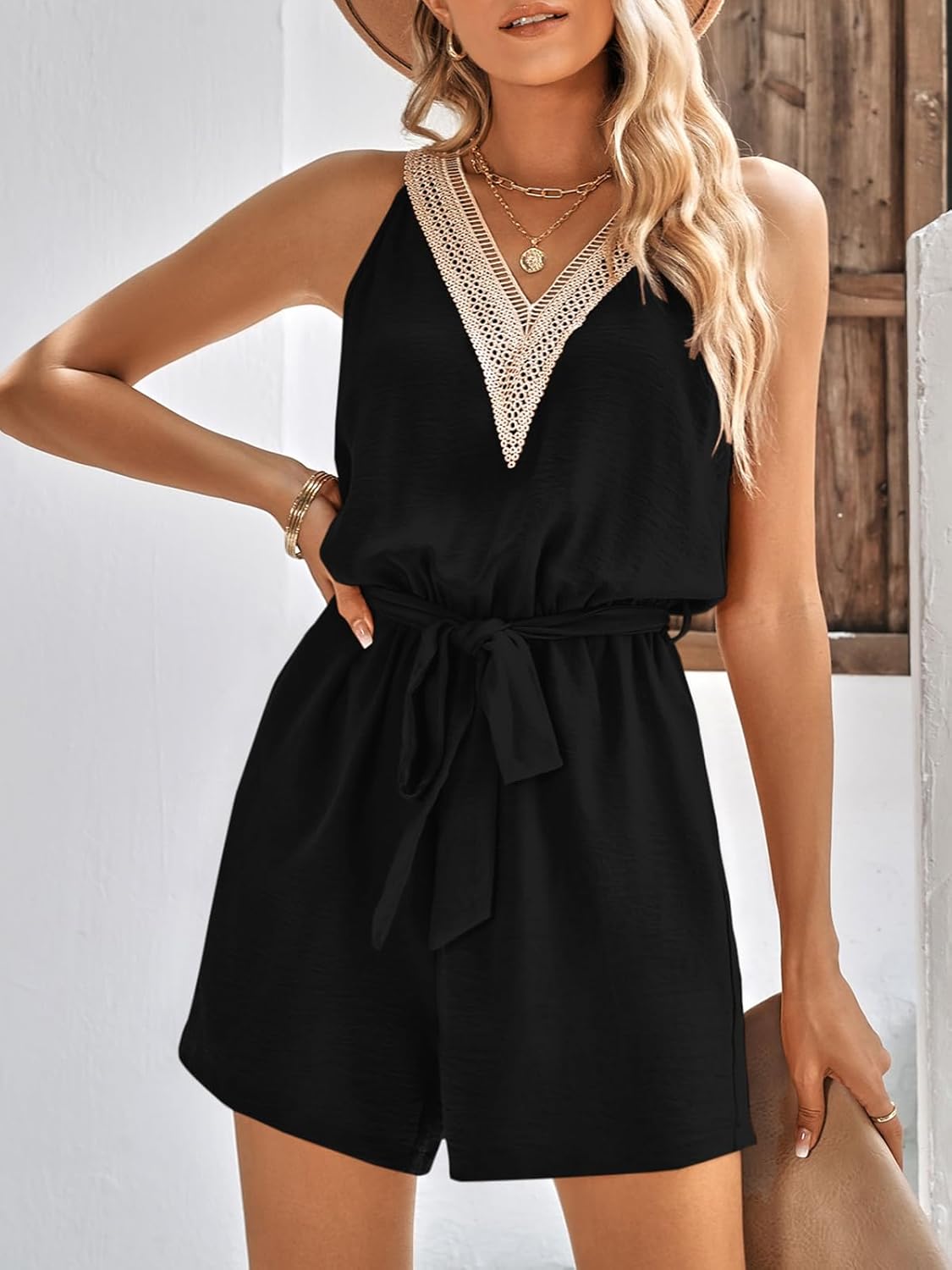 PRETTYGARDEN Women's Summer Sexy V Neck Romper 2026 Fashion Sleeveless Casual Waist Tie Short Jumpsuit With Pocket - Image 5