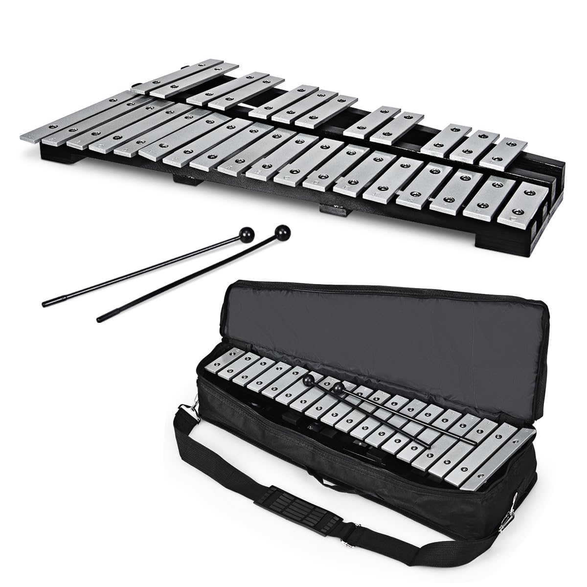 KOMFOTTEU Xilofono 30 note, carillon con tasti in metallo e 2 bacchette, strumento a percussione a mano, con custodia per il trasporto, strumento musicale per bambini e adulti