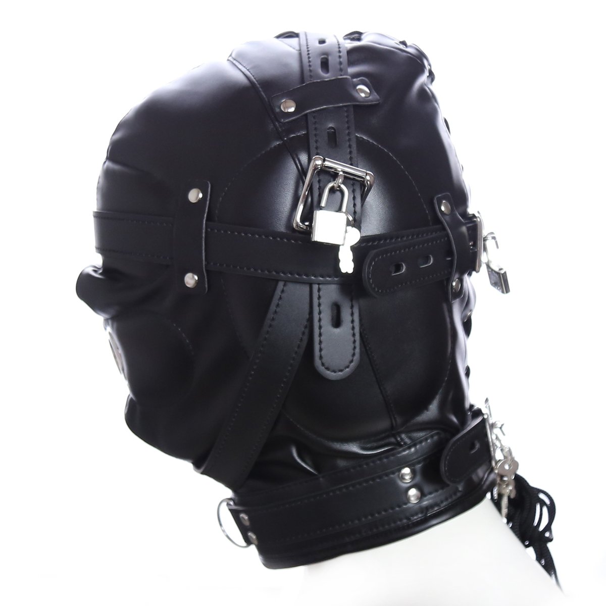 Noir Masque de tête unisexe Bondage Fétiche SM Cuir avec ouverture de bouche Cuir Tous les masques inclus Jouets sexuels Bandeau pour les yeux avec serrure pour les couples Cosplay Réglable Fétiche