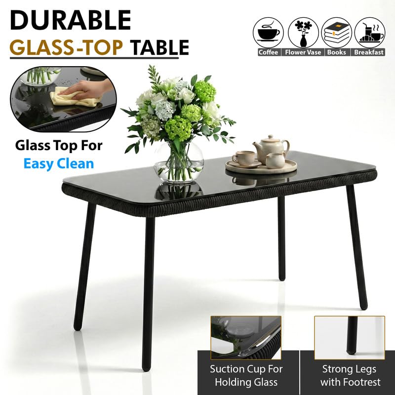 Image of OUTLIVING Braid Rope & Metal Frame Outdoor 4-Seater Sofa Set with Tempered Glass Top Center Table, Water-Repellent Cushions & Handwoven Design for Patio, Garden and Balcony (Black and White)