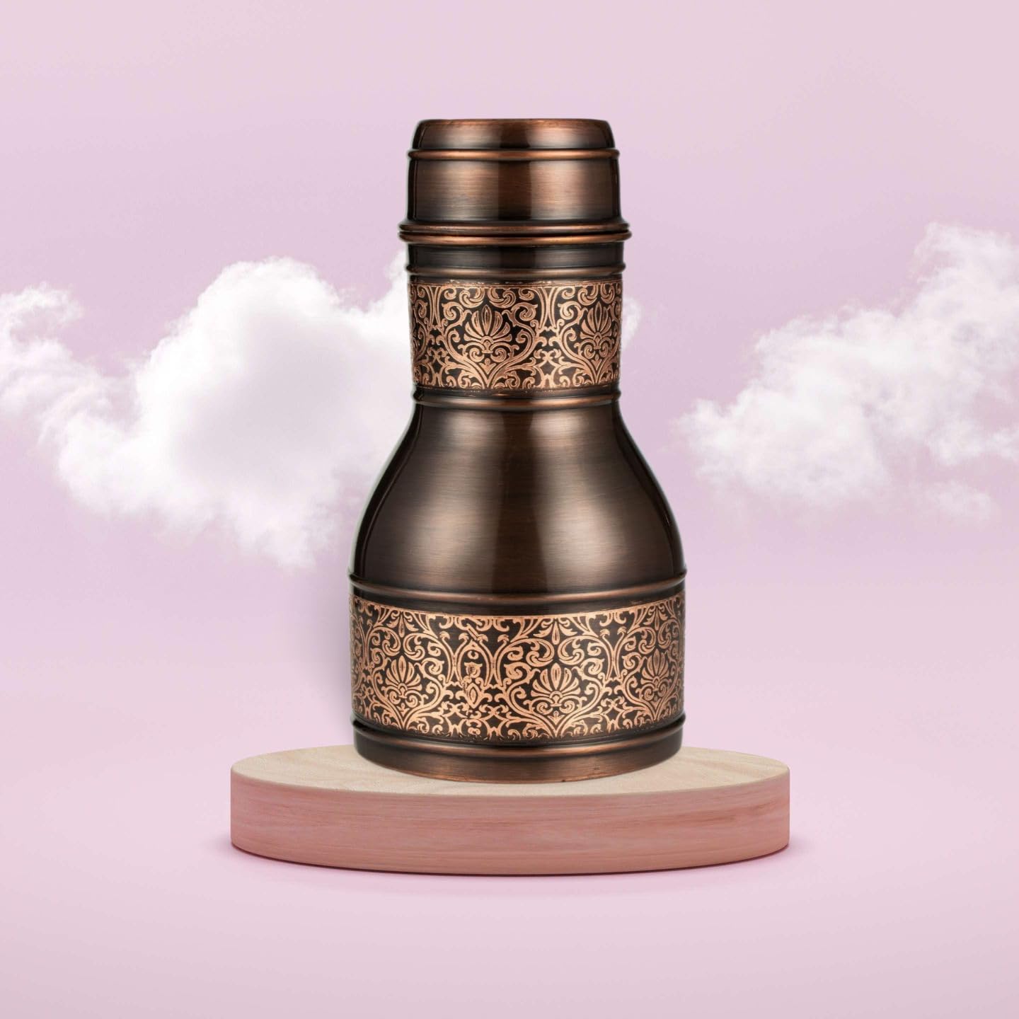 Copper Water Bottle - Bedside Carafe with Glass - Metal Water Pitcher with Lid - Ayurveda Healing Benefit Heavy Duty Vessel - 34 Oz