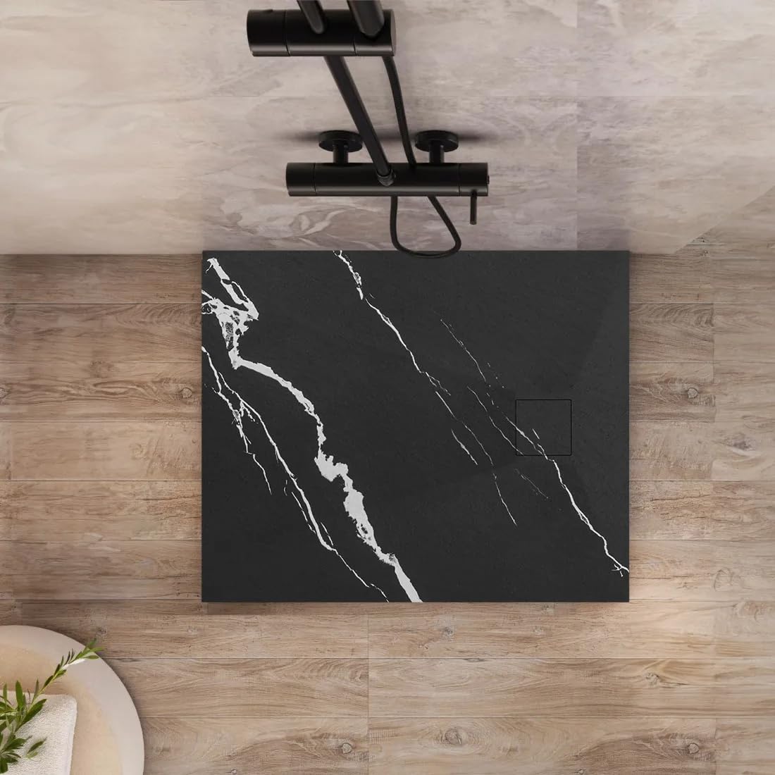 VBChome Plato de ducha de 90 x 90 x 2,5 cm, color negro, imitación piedra, plato de ducha extraplano, cuadrado, desagüe de desagüe para placa de cubierta, compuesto SMC, instalación universal, sifón