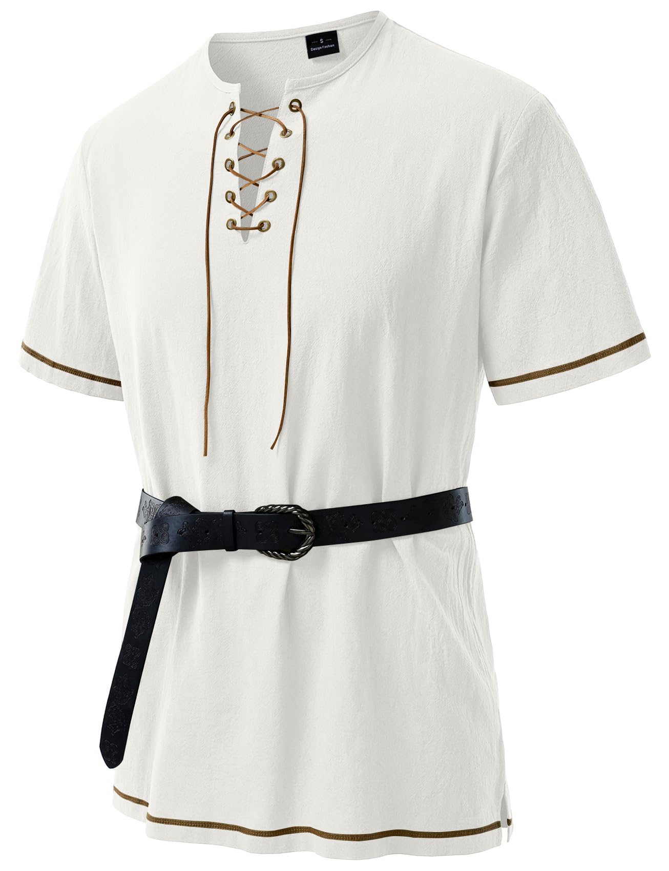 JEMITOP Men's Renaissance Costume Retro Short Sleeves Lace Up Shirts Tunic for Pirate Viking Medieval Halloween Cosplay Without Belt Ivory White M