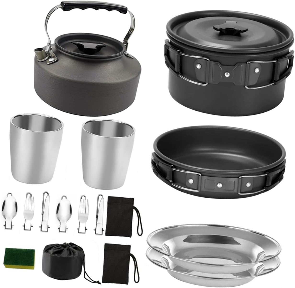 1set Portable Outdoor Cookware for People Non-Stick Camping Kettle Anodized Pot and Food-Grade Bowls for Hiking and Picnics Black