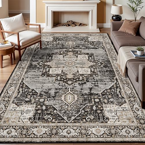 RUUGME 7x9 Area Rug Washable - Living Room Area Rugs with Non Slip Backing Stain Resistant Carpet Indoor Soft Carpets Distressed Decoration Mat for Bedroom Dining Room 7x9 Black