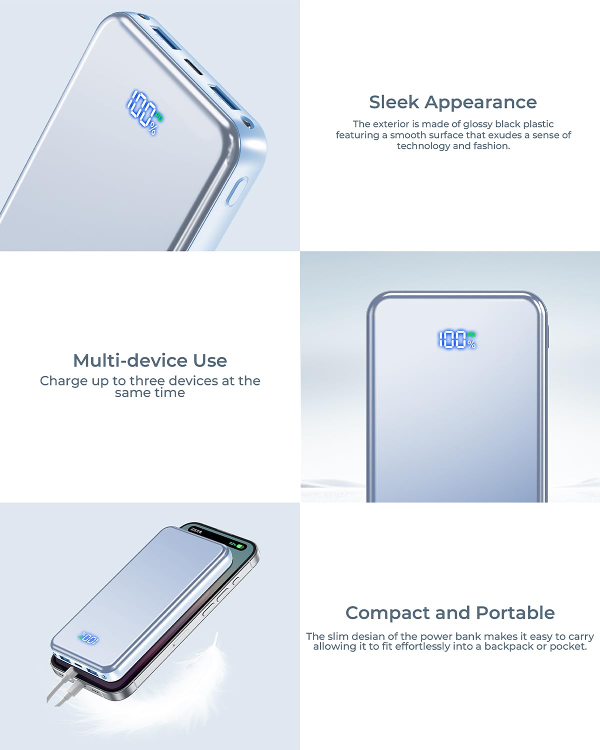 Power Bank, 30% Größere Kapazität 26800mAh Powerbank, mit 3-in-1 Kabel,Blau