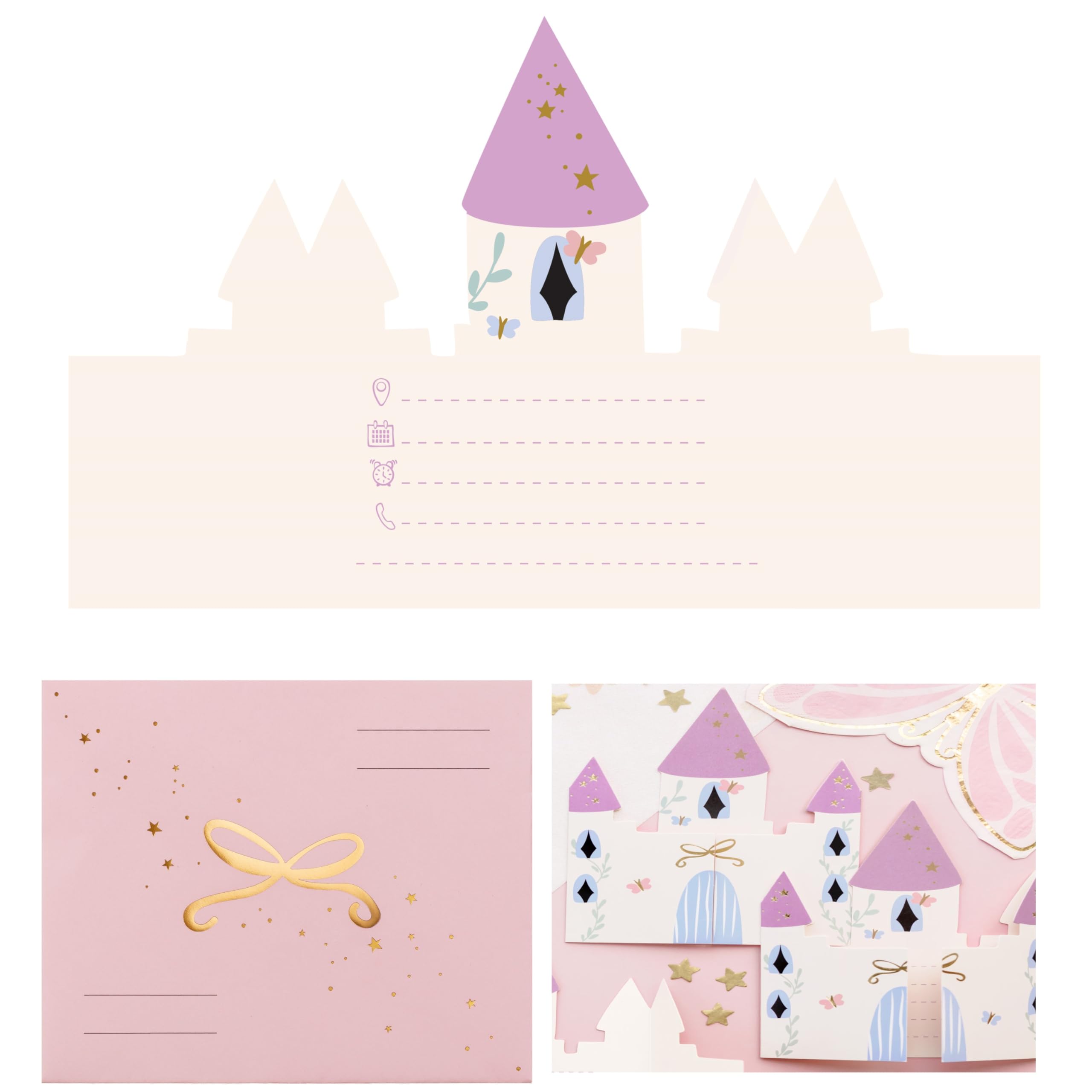 HIKIhooray Princess Invitation Cards Children's Birthday Party Set of 6 with Envelopes Fairy Tale Castle Invitations 12.5 x 15.5 cm for Girls to Fill Out Party & Invitation