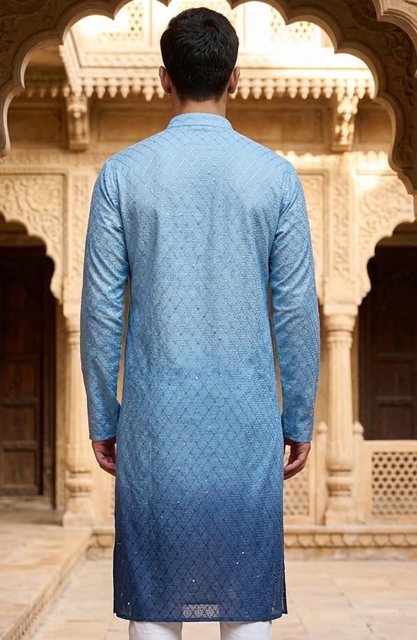 Image of Vardha Men's Cotton Chikankari Embroidered Kurta with Full Sleeves and Knee Length Design and Elegant Sequence Work | Kurta for Men