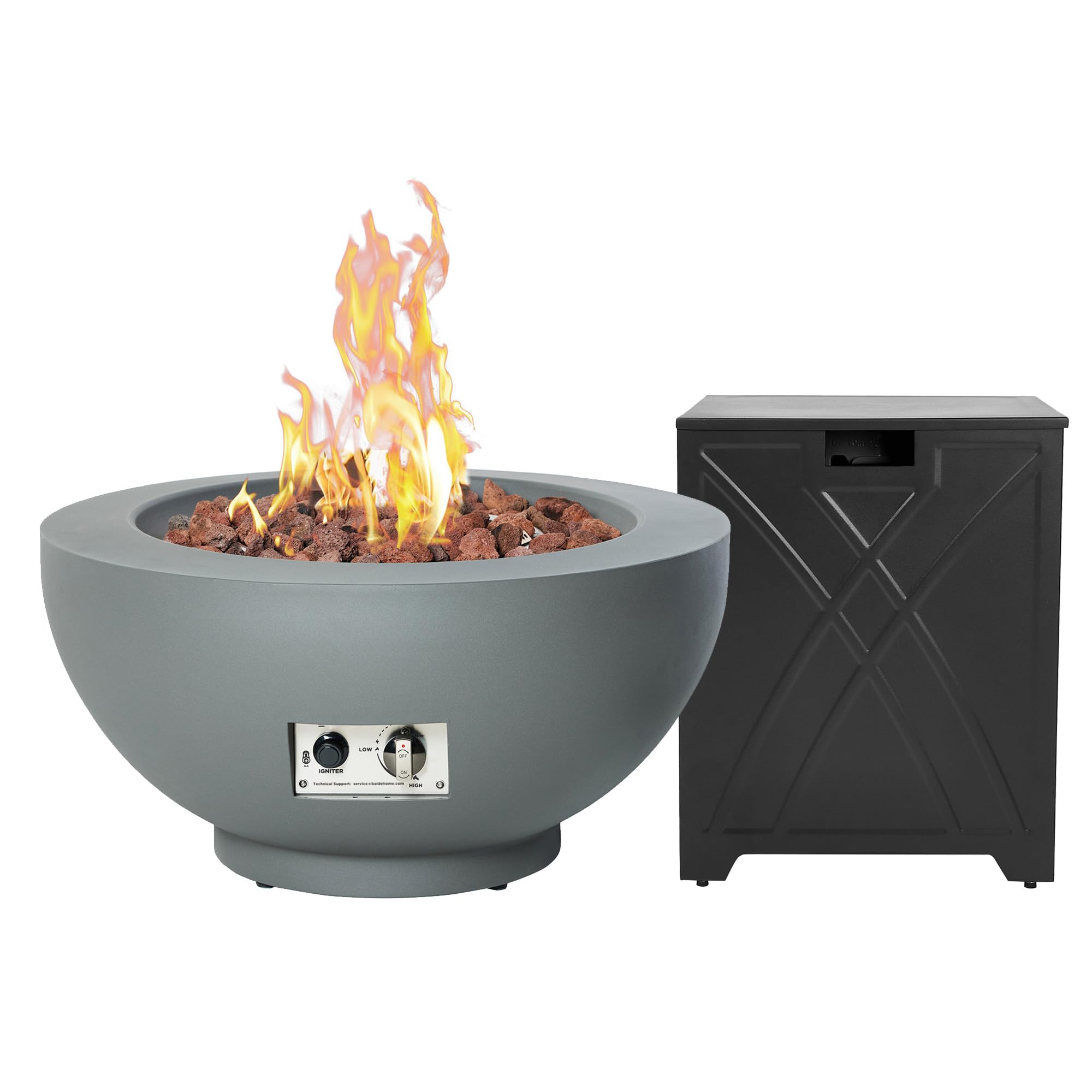 28-Inch Gas Fire Pit with Propane Tank Cover, 50,000 BTU Round Propane Fire Pit Table, Patio Fireplace Fire Bowl Firepit with Lid, Lava Rocks, Cover, Pre-Attached 10FT Propane Hose, Gray