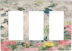 Decorative Outlet Covers Boho Wildflowers Butterfly Rustic Blue Pink Flowers 3 Gang Wall Plate Triple Rocker Light Switch Cover Plate Jumbo Electrical GFCI Faceplate for Country Home Decor