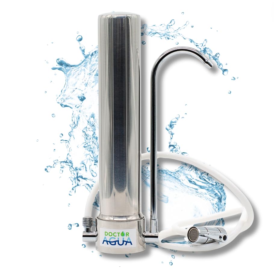 DOCTOR AGUA Filtro de Agua HCS Ultra Purify con Zeolita sobre Encimera. Acero Inoxidable. Bactericida Antiviral Elimina 99,99% de las Impurezas. Conserva Sales Minerales del Agua. 10 Años Garantía