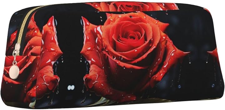 Leather Zipper Pencil Case High Capacity Pencil Bag Red Rose With Red Splashes Printed Pencil Case Organizer Office Storage