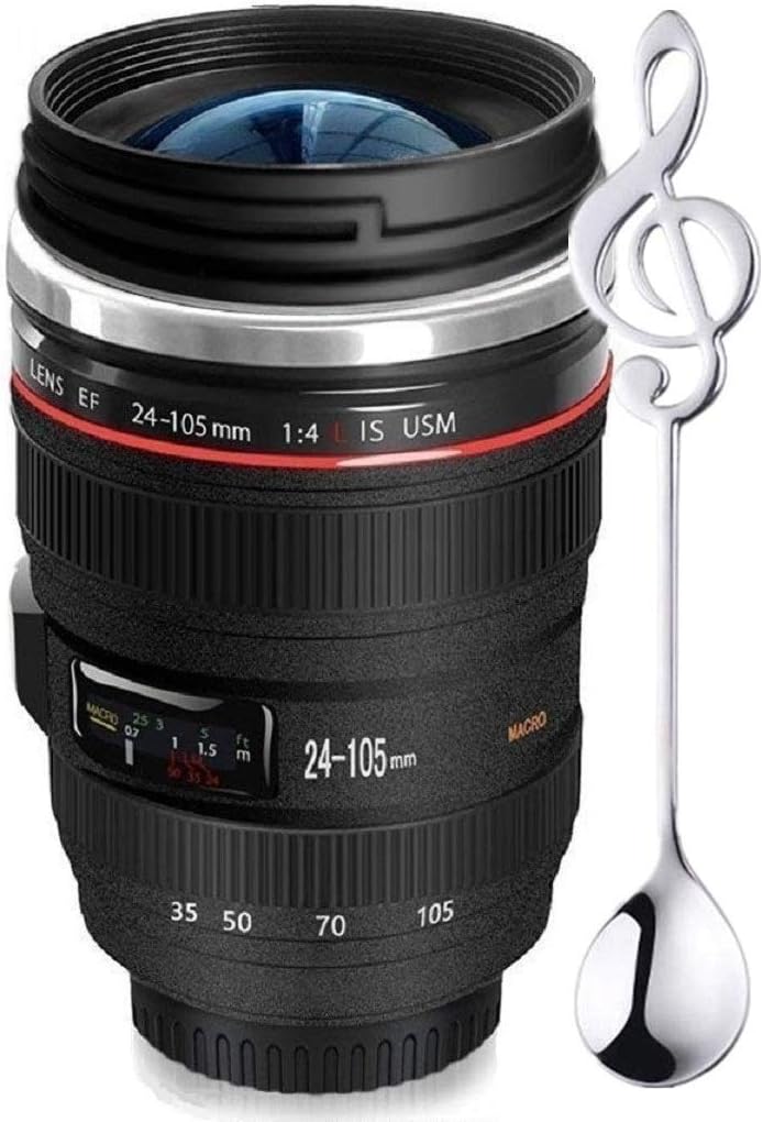 Camera Lens Coffee Mug,Comes with a Musical Note Spoon,Novelty Stainless Steel Camera Lens Mugs for Music Lover Photographer Filmmaker