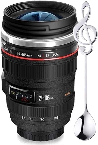 POXIWIN - Taza de café con lente de cámara viene con una cuchara de notas musicales tazas de lente de cámara de acero inoxidable para amantes de la