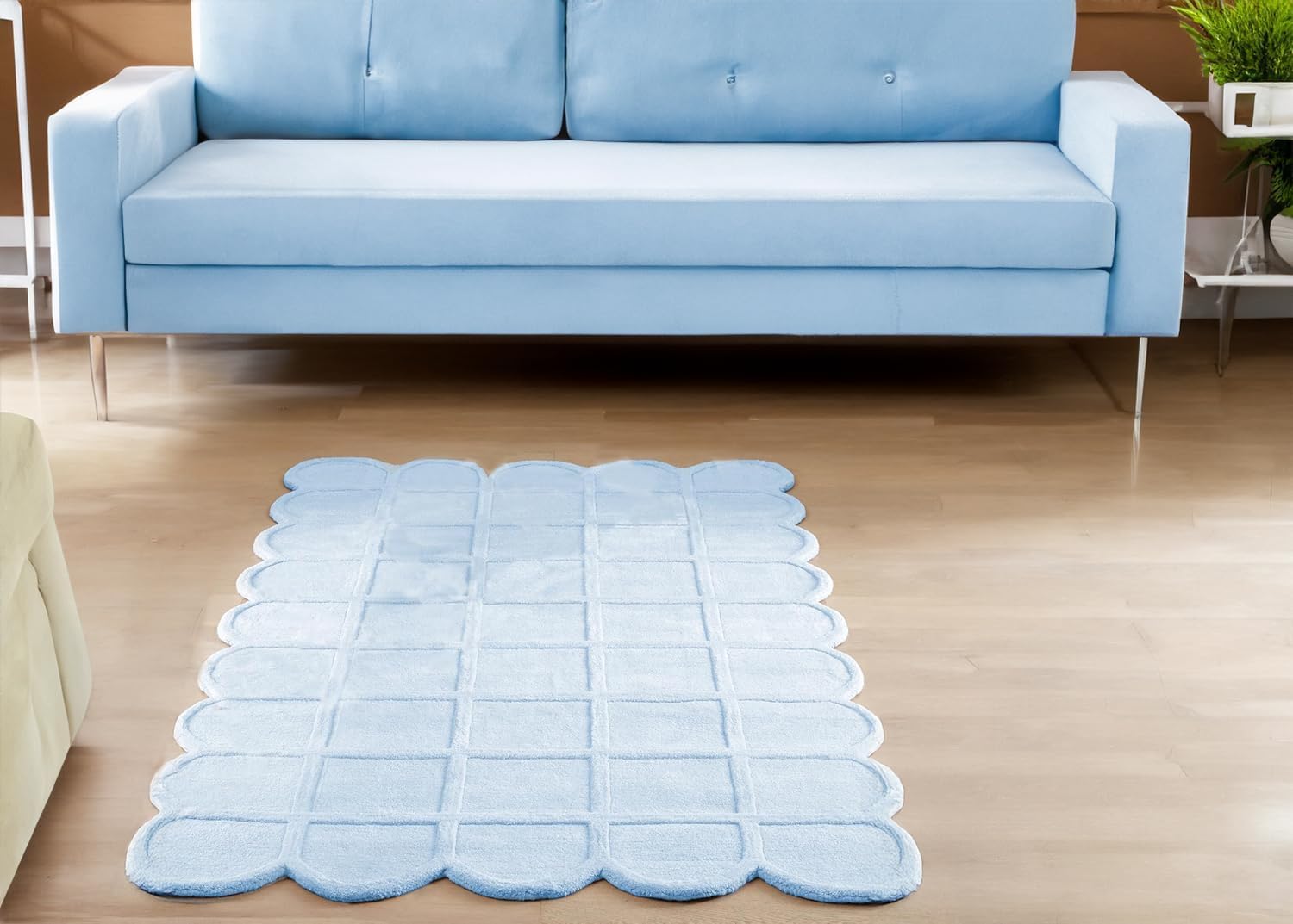 Handcrafted Pure Wool Accent Rug Featuring Scalloped Border, Contemporary Checkered Design, Plush Soft Floor Covering for Bedrooms & Nursery Decor 8 x 12 Feet Light Blue