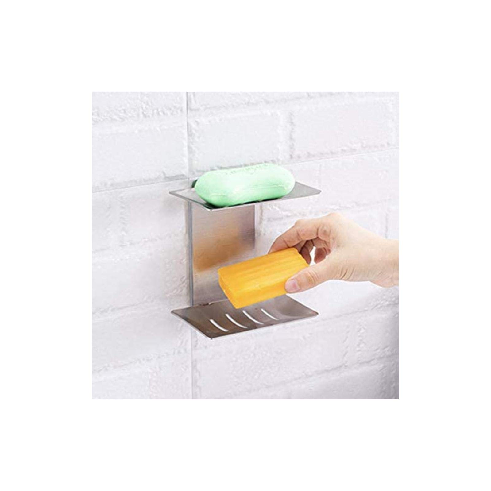 ANNGY Soap Dish Stainless Steel Wall Mounted Self-Adhesive Double Soap Rack Sponge Holder Quick-Drying Double Layer Soap Holder Shelf for Bathroom Shower Kitchen