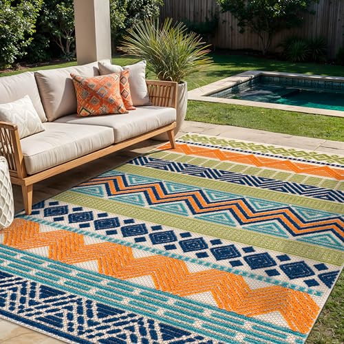 Rugshop Marbella Contemporary Boho Non-Shedding Outdoor Rug for Patio Deck Backyard Indoor/Outdoor Area Rug 5' x 7' Multi
