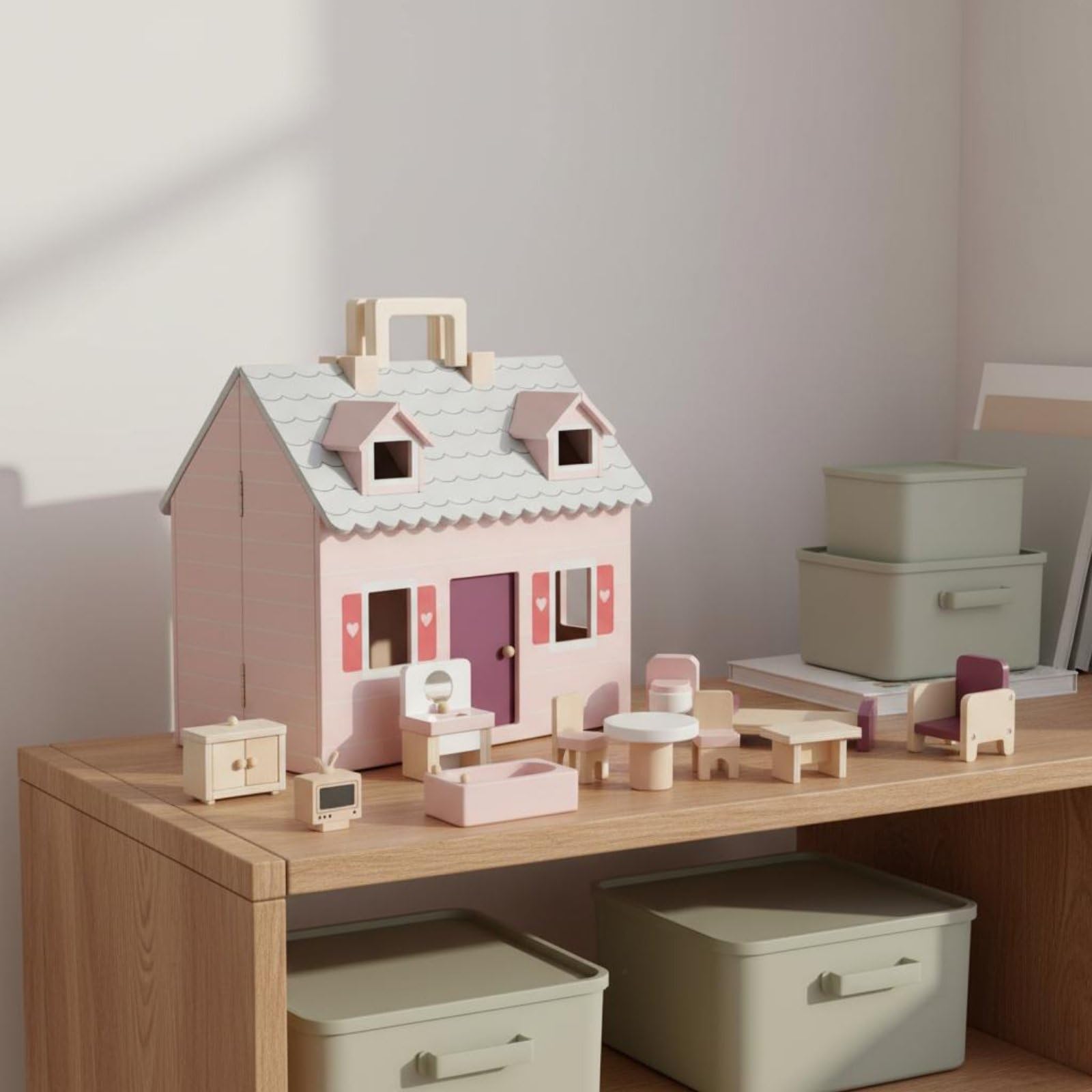 Casa Giocattolo Bambini Casa Bambola Mobili Personaggi Accessori Portatile Pieghevole Vernice a Maniglia Elastico per Porta Adatta a Viaggio Auto Nonni Festa Bambini