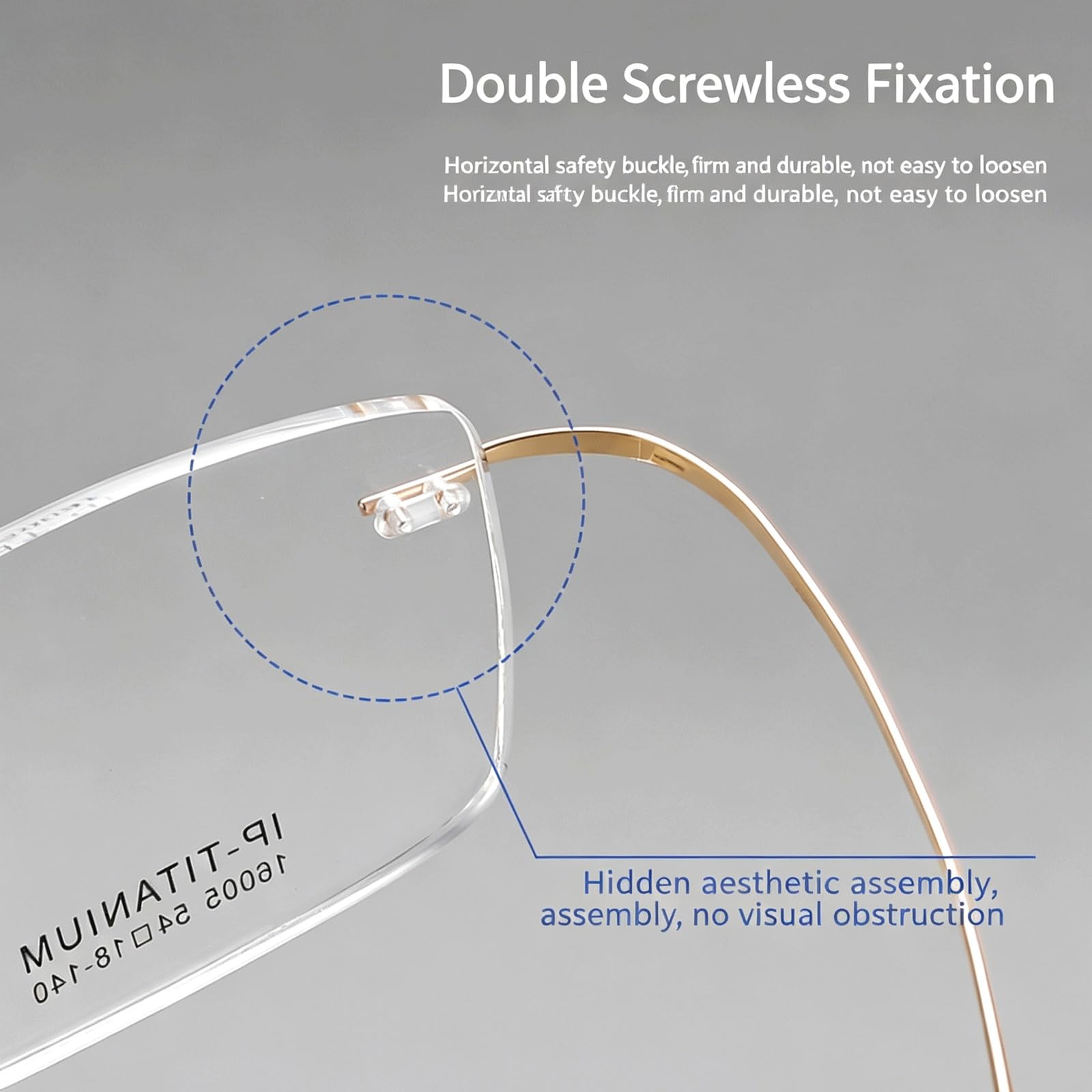 Ultraleichte Brillengestelle, elastische, Nicht verschreibungspflichtige Brillen, Brillen aus reinem Titan for Computer, randlose Unisex-Mode(Golden)