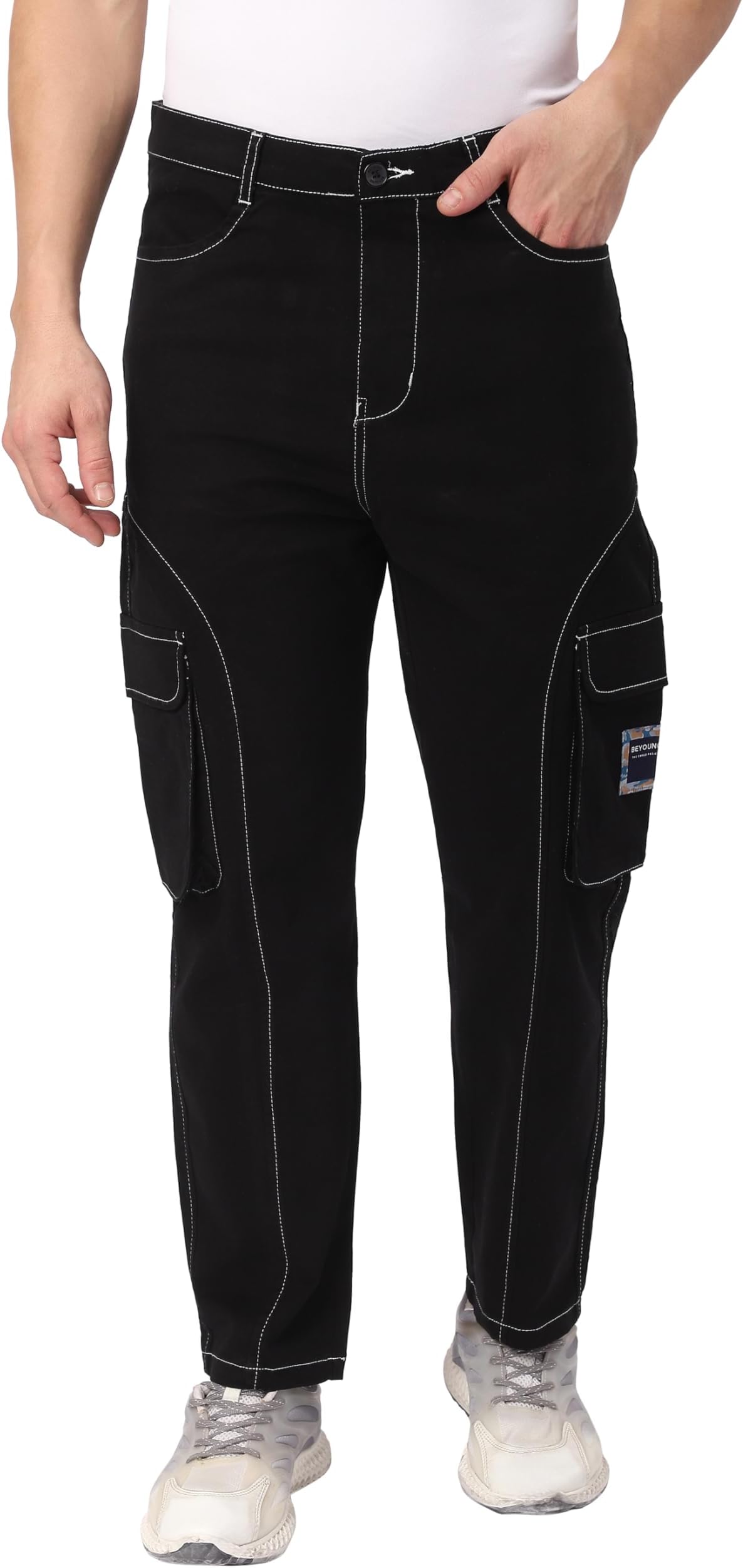 - Black Cut and Sew Contrast Stitch Cargo Pants for Men