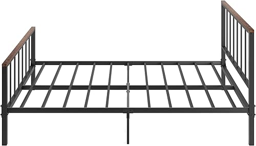 Miniatura 6 de Olela Base de cama de metal tamaño Queen con cabecero y estribo, cama de plataforma negra resistente, sin ruido, no necesita somier, industrial y de