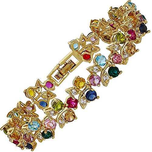 Rizilia Tenis Pulsera [18cm/7inch] con Corte Redondo Piedras Preciosas Circonita CZ [Multicolor] en 18K Chapado en Oro Amarillo, Elegancia Moderna Sencillo