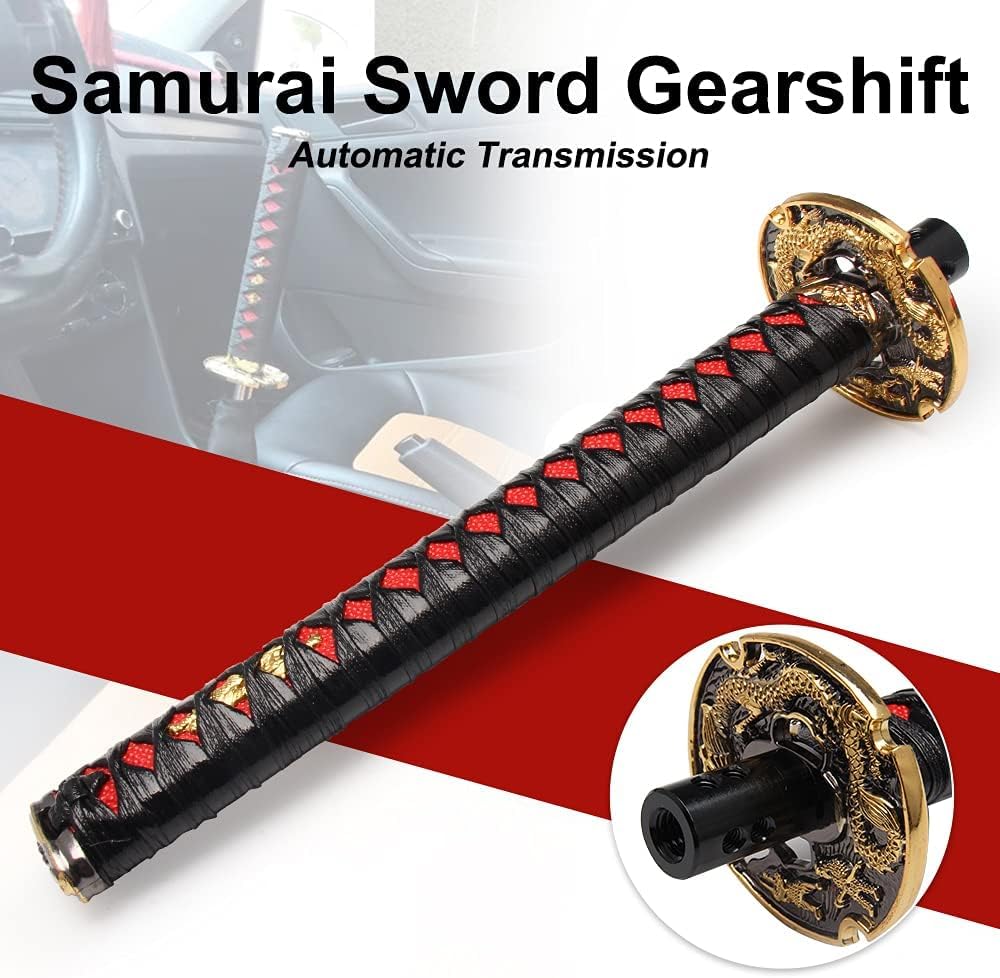 Automatic Katana Shift Knob Universal for Cars with Lock Button Samurai Sword Weighted Gear Shifter Konb (26cm Black&Red)