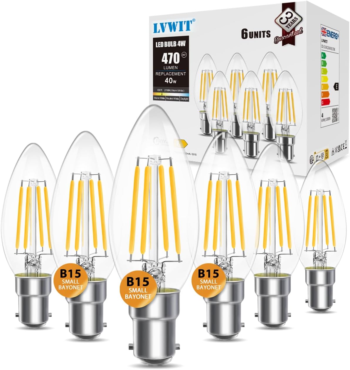 LVWIT 4W C35 Small Bayonet Bulb 40W Incandescent Bulbs Equivalent, B15 LED Filament Candle Bulb,470Lm, 2700K Warm White Candle B15 Bulbs Small Bayonet,220-240V,NO-Dimmable,(35MM*97MM/ 6 PCS)