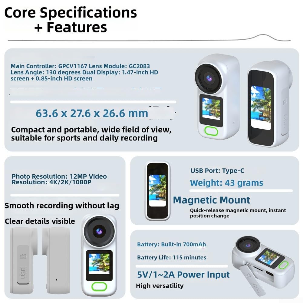 Action Camera 4K 12MP Doppio Schermo Compatto Vlogging