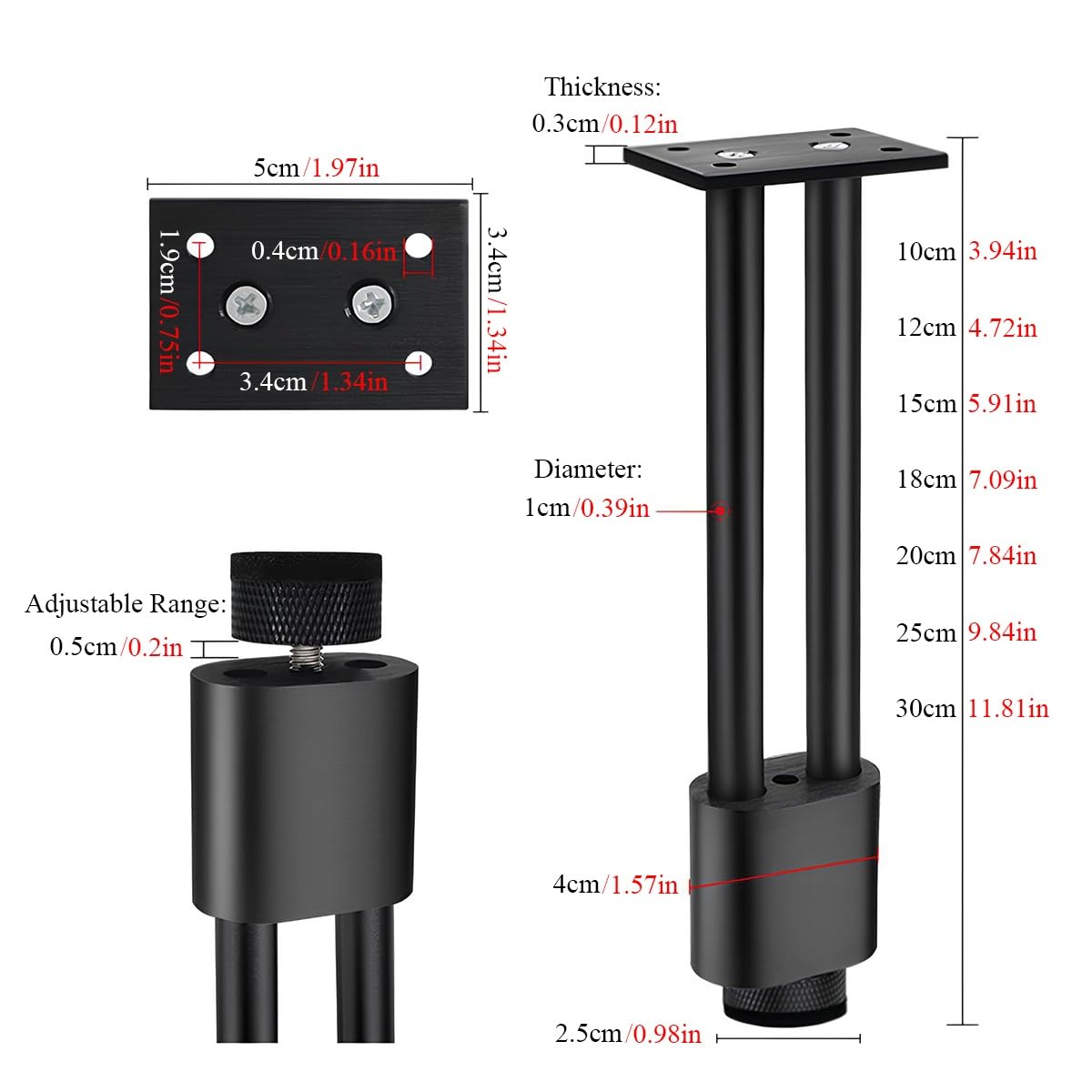 4 Pezzi Gambe per Mobili Regolabili in Lega di Alluminio - Piedini di Ricambio Resistenti per Armadi Tavoli Divani Comodini - Diverse Altezze e Colori(Nero,30cm/11.8in)
