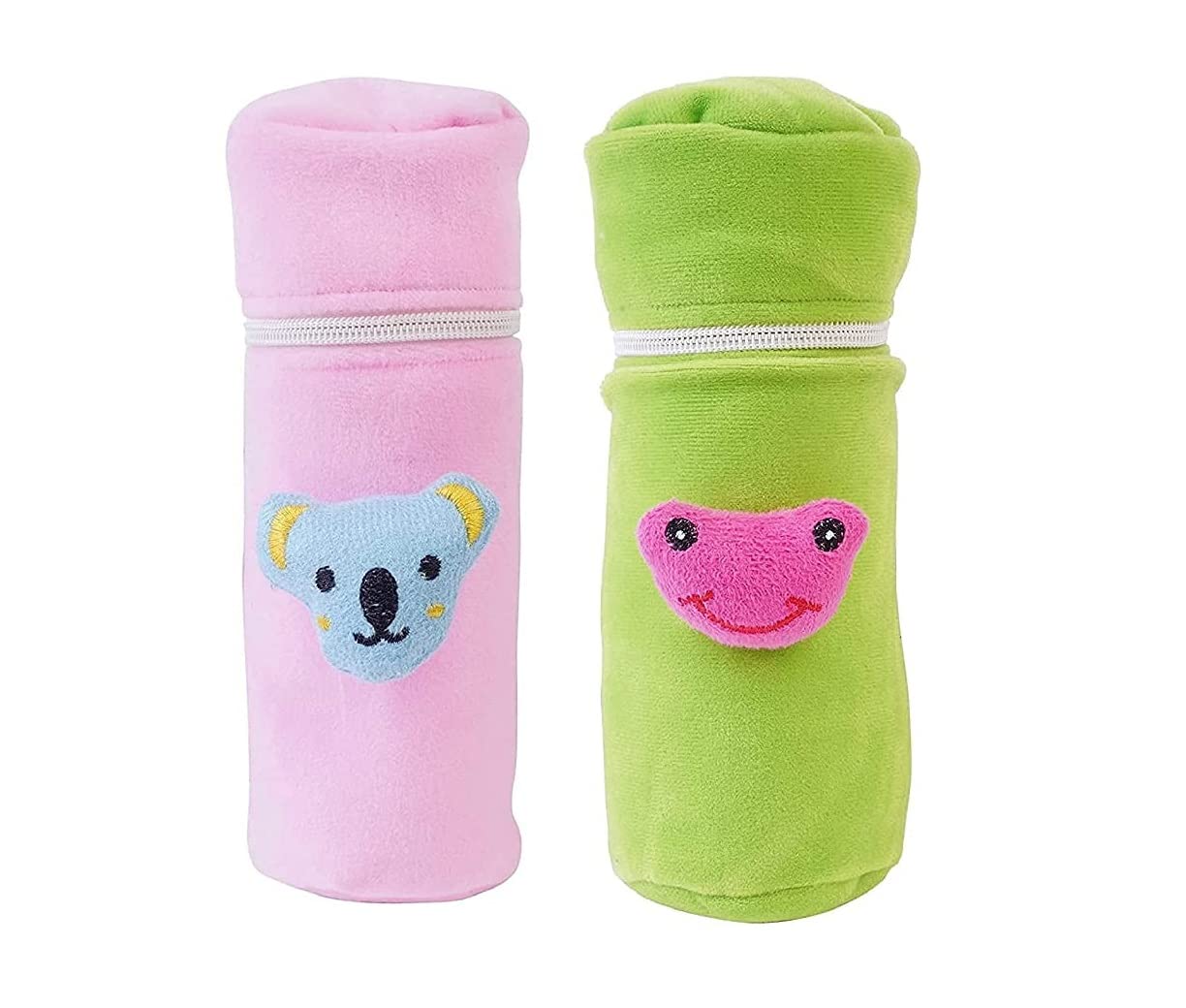 Soft Plush Baby Feeding Bottle Cover with Zipper Closure | Pack of 2 | Suitable for 120–250 ml Feeders | Cute Animated Cartoon Design | Newborn & Infant | Baby Pink & Green-picture-12