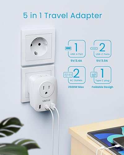 Miniatura 5 de VINTAR - Adaptador de enchufe de viaje europeo, enchufe de alimentación internacional plegable con 2 salidas de CA, 3 puertos USB (2 USB C),