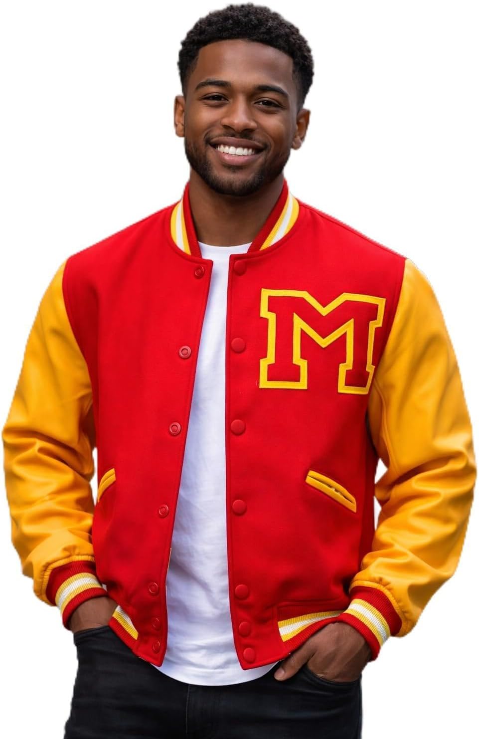 Hifa MJ King of Pop Thriller Red Wool Yellow Leather M Logo Varsity Letterman Rock Star Bomber Jacket