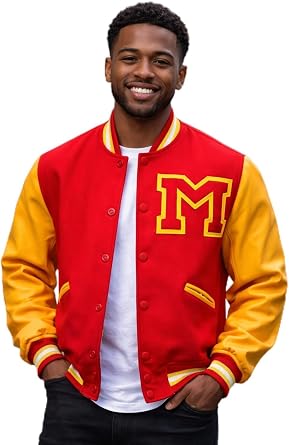 Hifa M Logo Red Wool Yellow Leather Varsity Letterman Bomber Jacket Classic Retro 80s Style Party Dance Casual Outerwear Coat